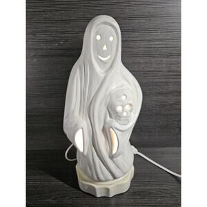 Vintage 14" Halloween Ceramic Ghost Holding Pumpkin Jack-o-Lantern Light Up